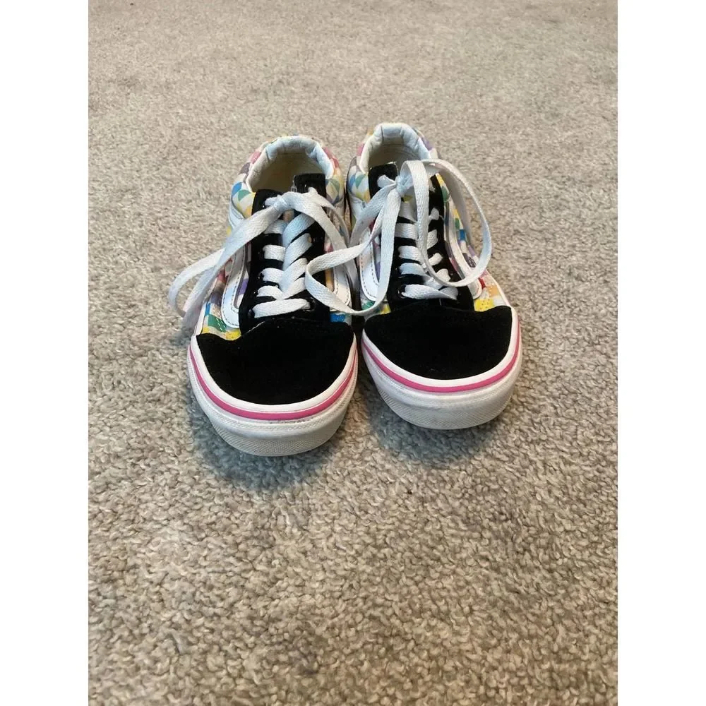 Vans Old Skool‎ Kids Shoes Rainbow Checkerboard Black Suede Sneakers 1.5 US Kids